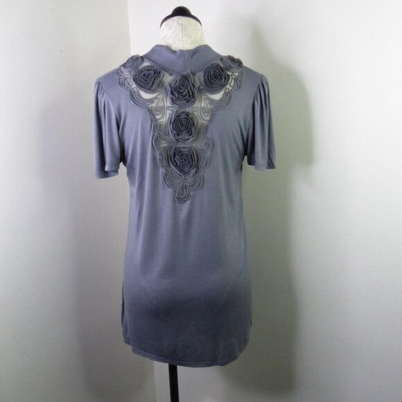 New B'Leev Juniors L Mesh Floral Back Draped Open-Front Short Sleeve Cardigan - Picture 6 of 9